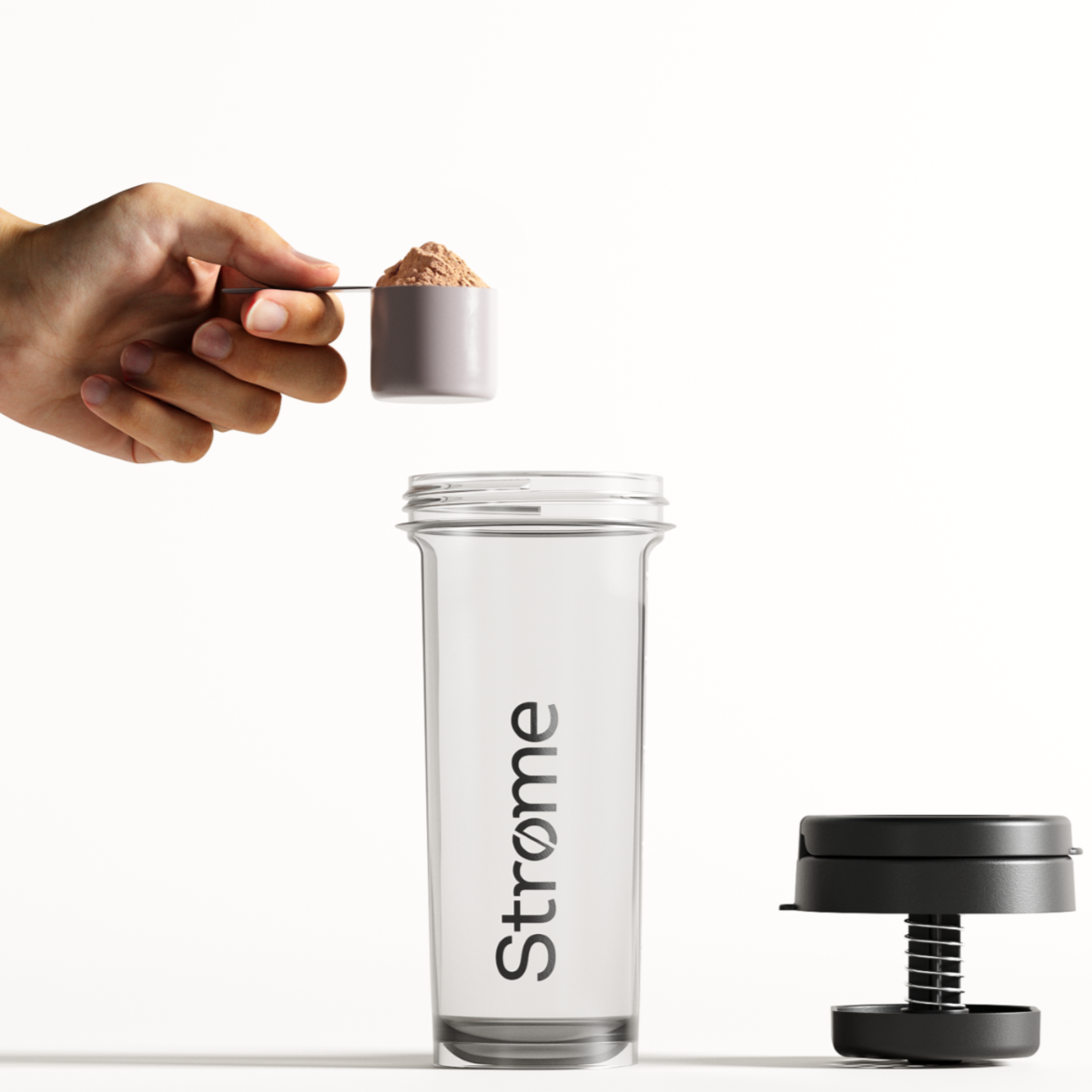 Adding protein powder to the Stromeshaker