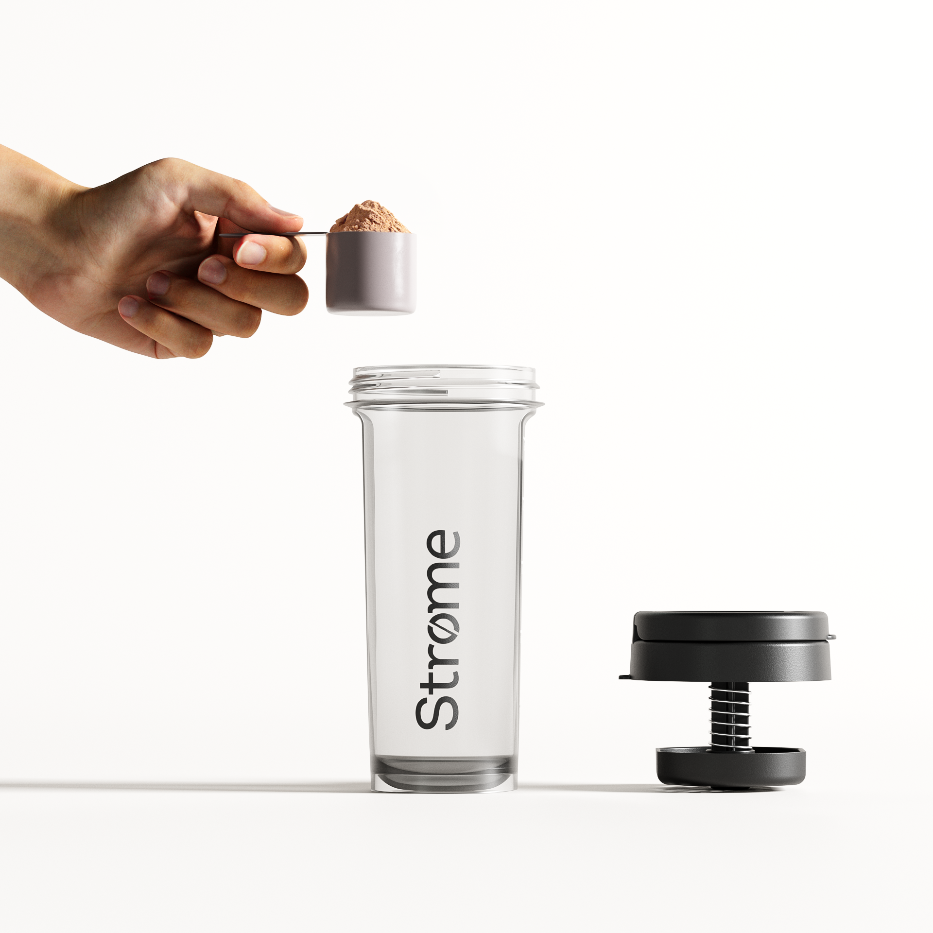 Adding protein powder to the Stromeshaker